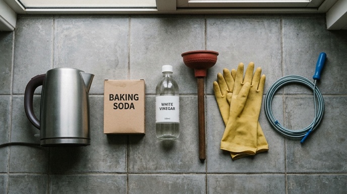 Gloved hands pulling hair from a bathroom sink pop-up plug over a white basin