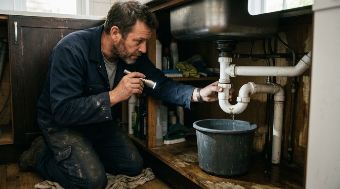 Sink unblocking tools including a plunger, baking soda and vinegar laid out on a worktop