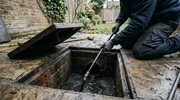 Person using a flange plunger to clear a blocked toilet in a bathroom