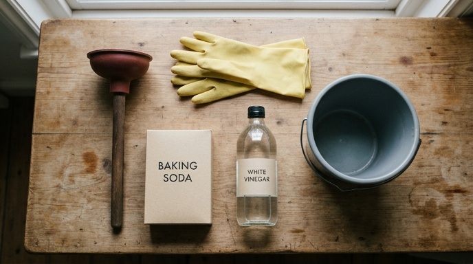 Hands pouring boiling water into a kitchen sink to clear a blockage