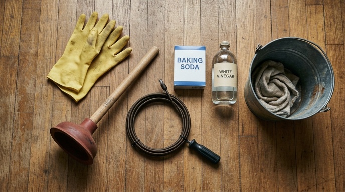 Gloved hands using a plunger over a kitchen sink plughole to unclog a drain