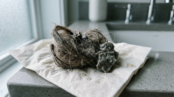 Flat lay of shower drain cleaning tools including baking soda and vinegar