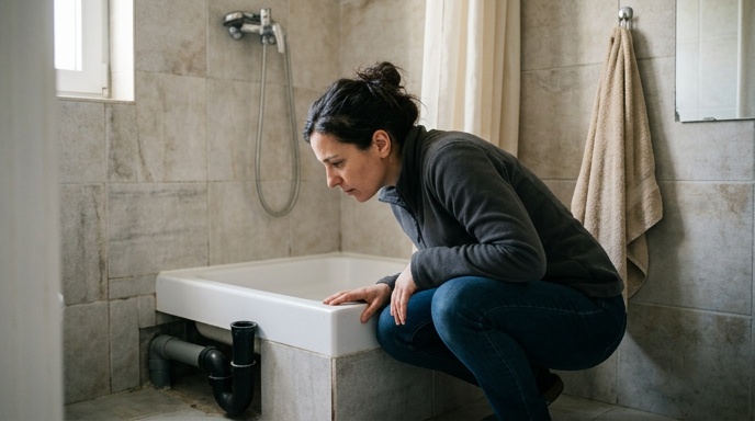 Gloved hand lifting a shower drain cover to reveal trapped hair and soap scum