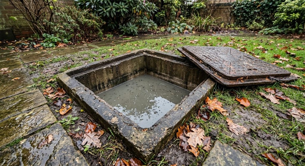 Open drain inspection chamber with wastewater standing above the pipe outlet, showing a blocked section