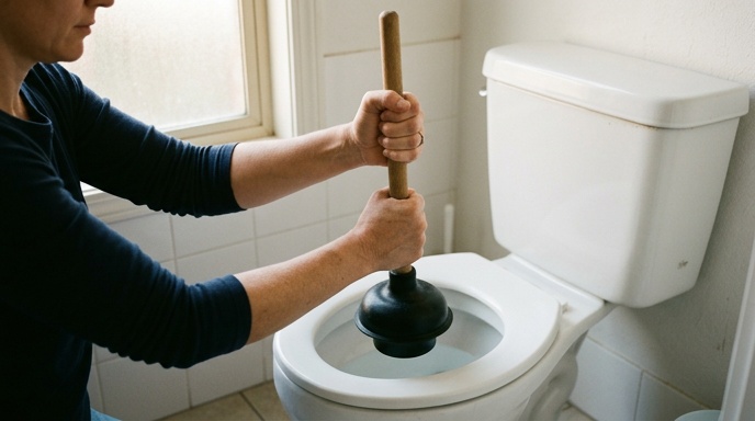 Drain unclogging tools laid out including plunger snake baking soda and vinegar