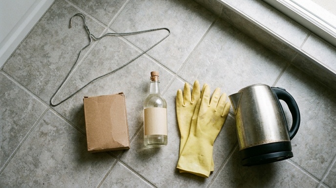 Gloved hands pulling hair from an open shower drain with a wire hook