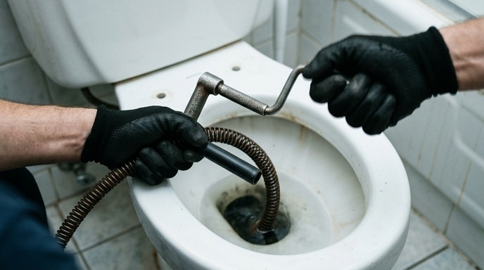 Hot water and washing-up liquid poured into a blocked toilet