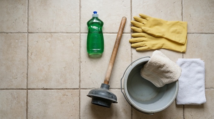 Gloved hands using a flange plunger in a white toilet bowl